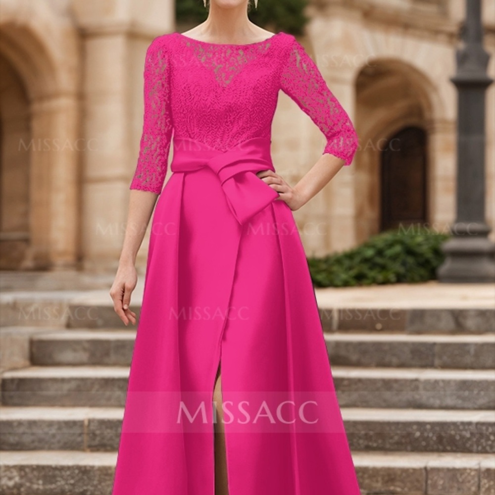 SIZE 16- Mother of the Bride Dress- Pink Satin V-Neck Gown with Sleeves